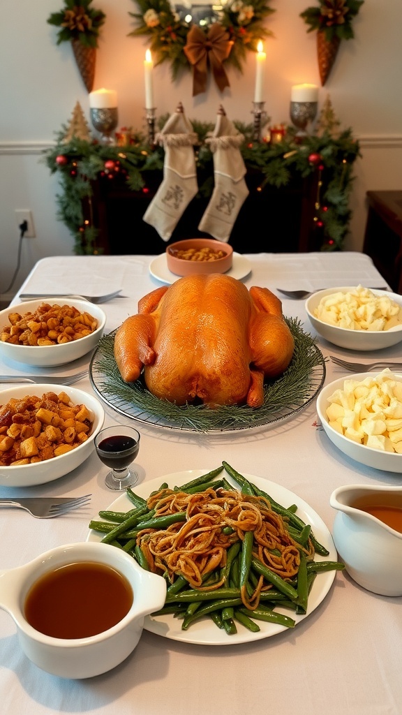 A festive Christmas dinner table with roasted turkey, stuffing, mashed potatoes, green bean casserole, and gravy.